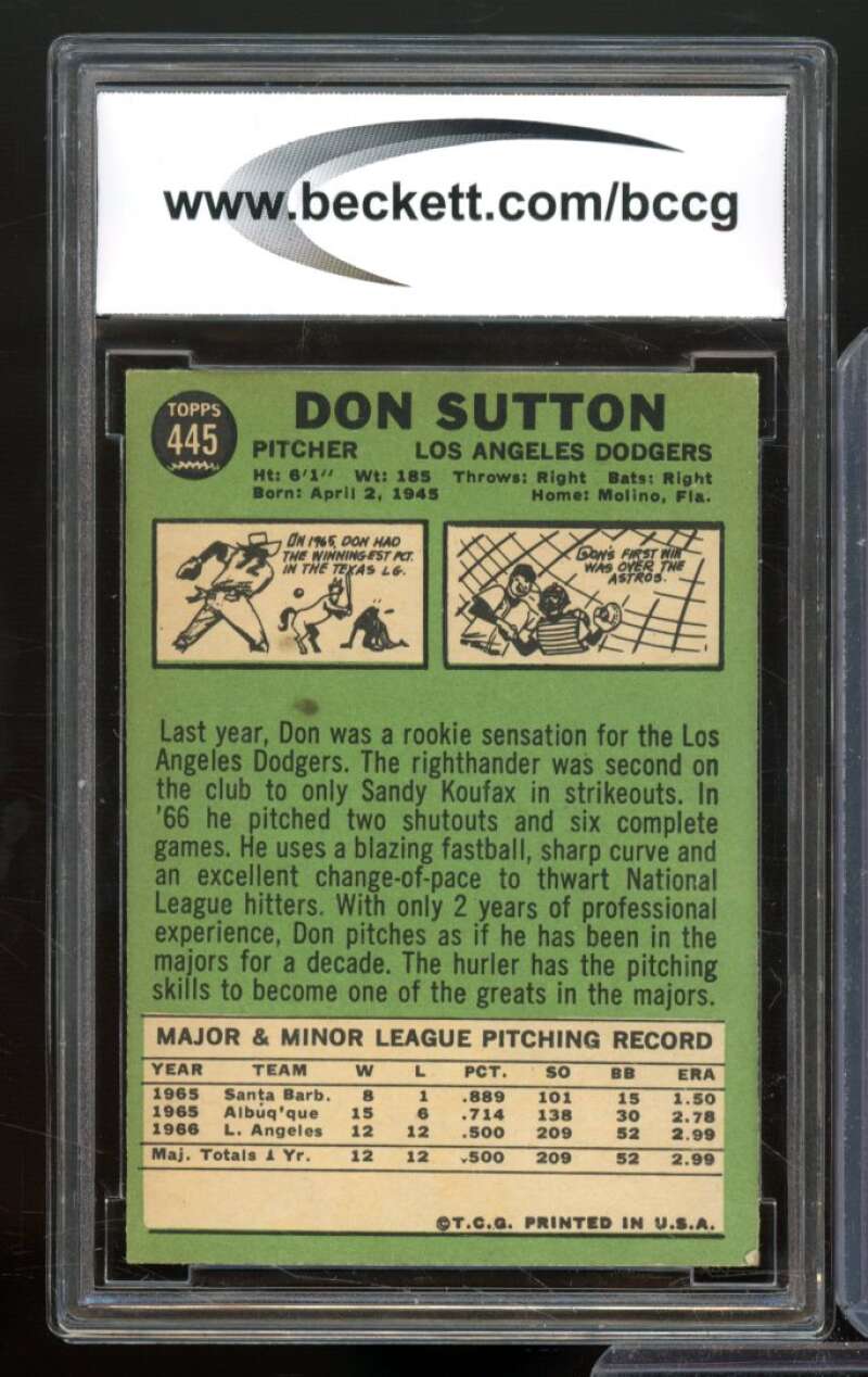 1967 Topps #445 Don Sutton Card BGS BCCG 7 Very Good+ Image 2