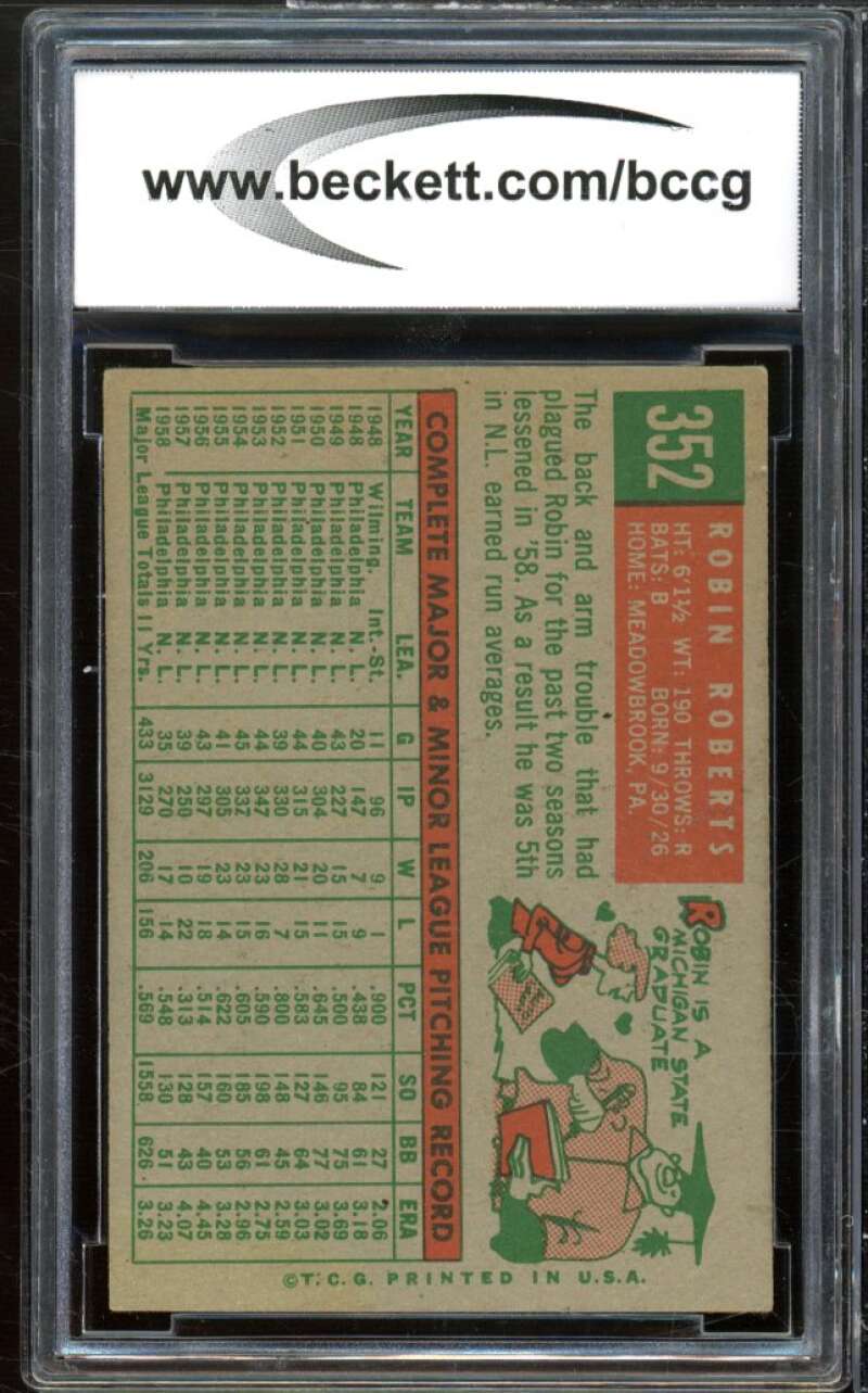 1959 Topps #352 Robin Roberts Card BGS BCCG 8 Excellent+ Image 2