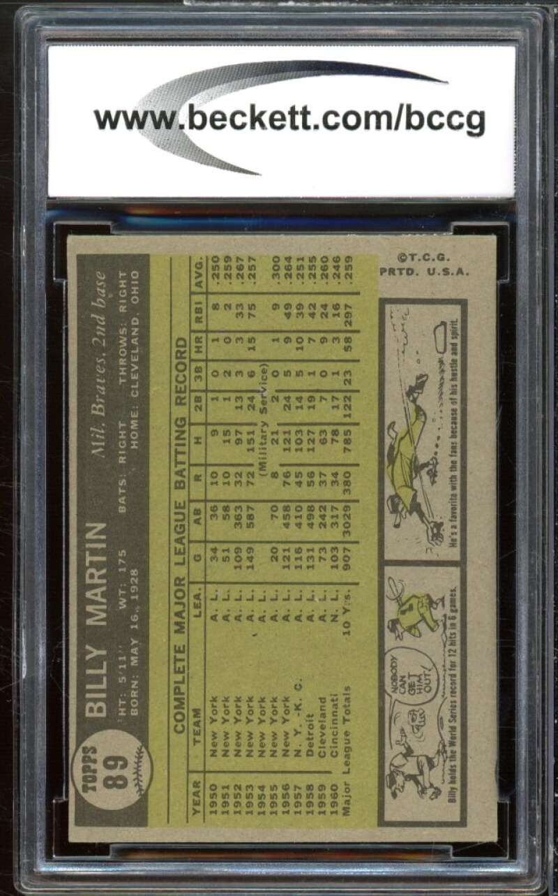 1961 Topps #89 Billy Martin Card BGS BCCG 8 Excellent+ Image 2