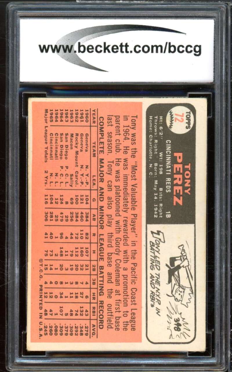 1966 Topps #72 Tony Perez Card BGS BCCG 7 Very Good+ Image 2