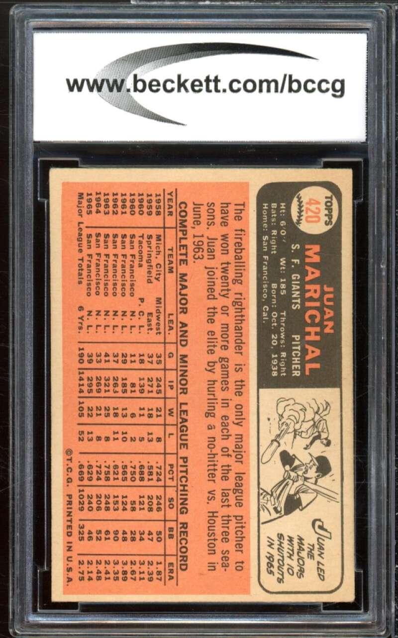 1966 Topps #420 Juan Marichal Card BGS BCCG 8 Excellent+ Image 2