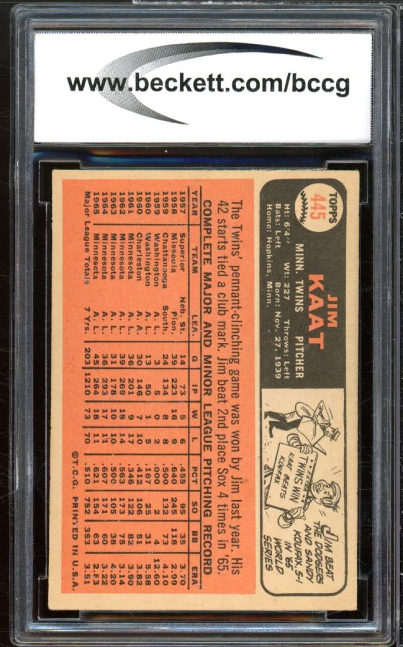 1966 Topps #445 Jim Kaat Card BGS BCCG 8 Excellent+ Image 2