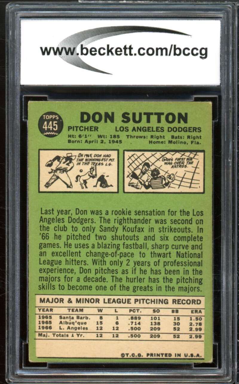 1967 Topps #445 Don Sutton Card BGS BCCG 8 Excellent+ Image 2