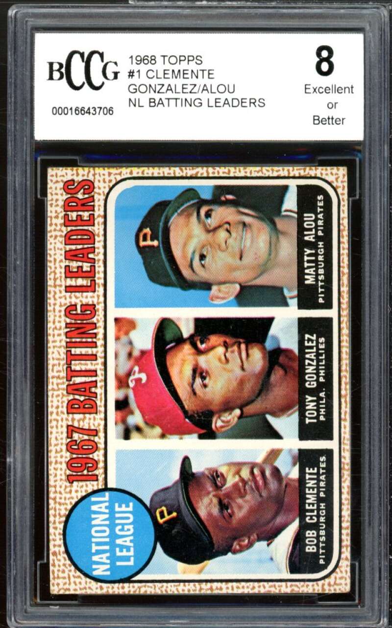 1968 Topps #1 Clemente/Gonzalez/Alou NL Batting Leaders BGS BCCG 8 Excellent+ Image 1