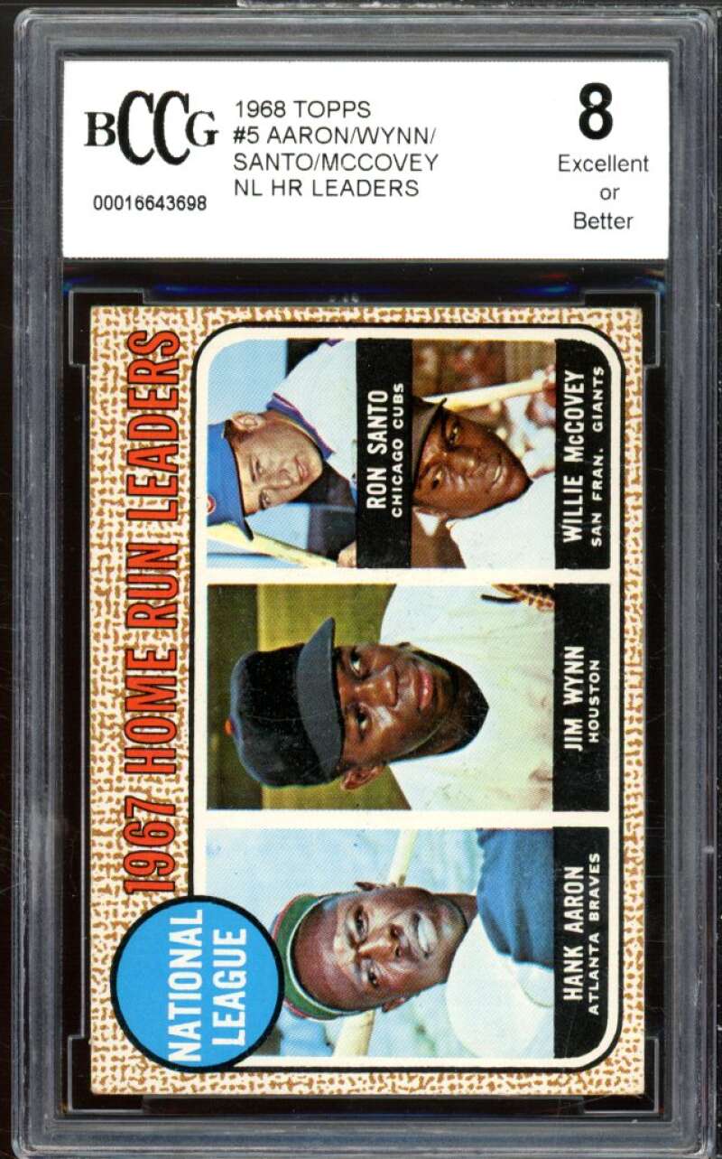 1968 Topps #5 Aaron/Wynn/Santo/McCovey NL HR Leaders Card BGS BCCG 8 Excellent+ Image 1