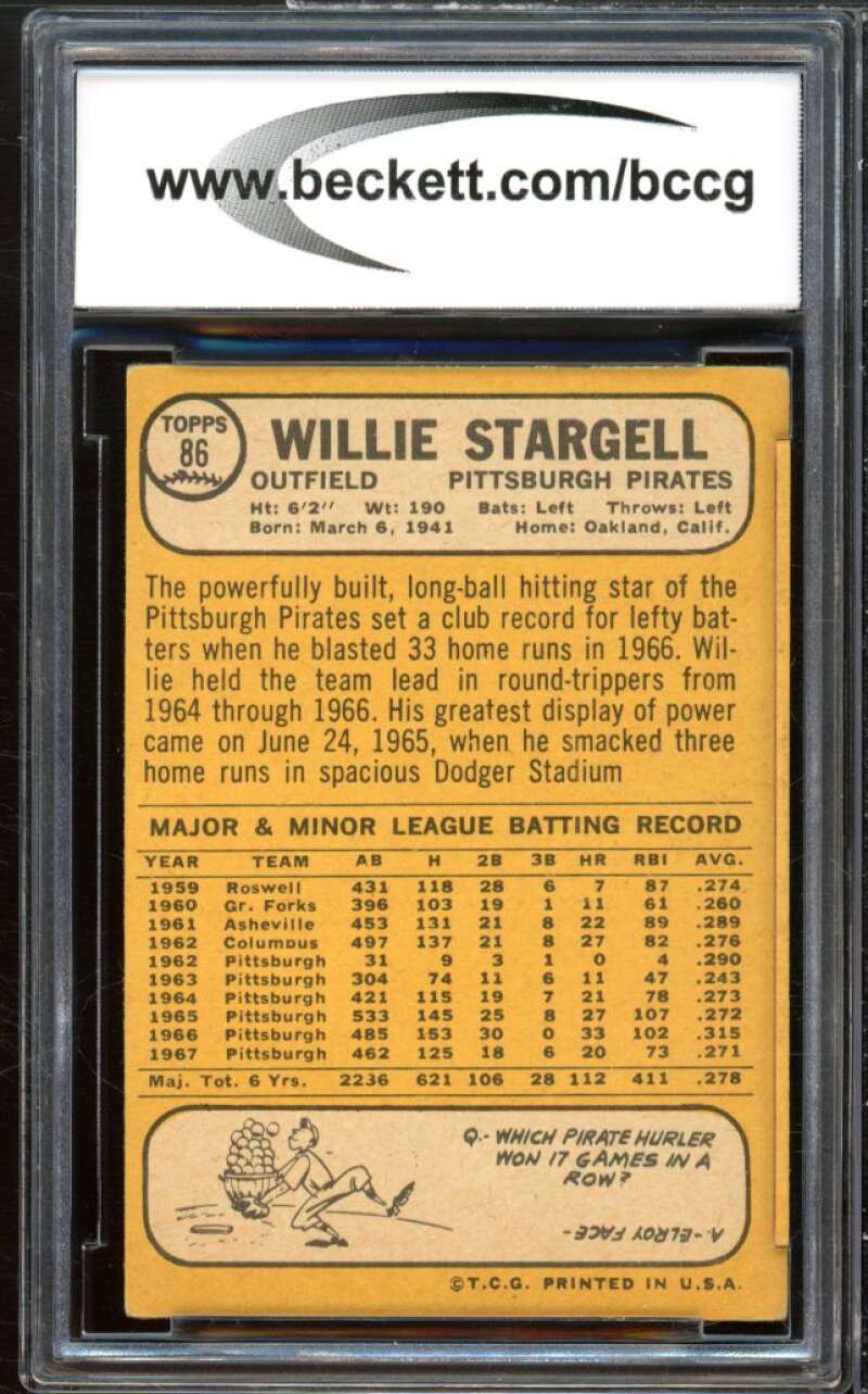 1968 Topps #86 Willie Stargell Card BGS BCCG 7 Very Good+ Image 2