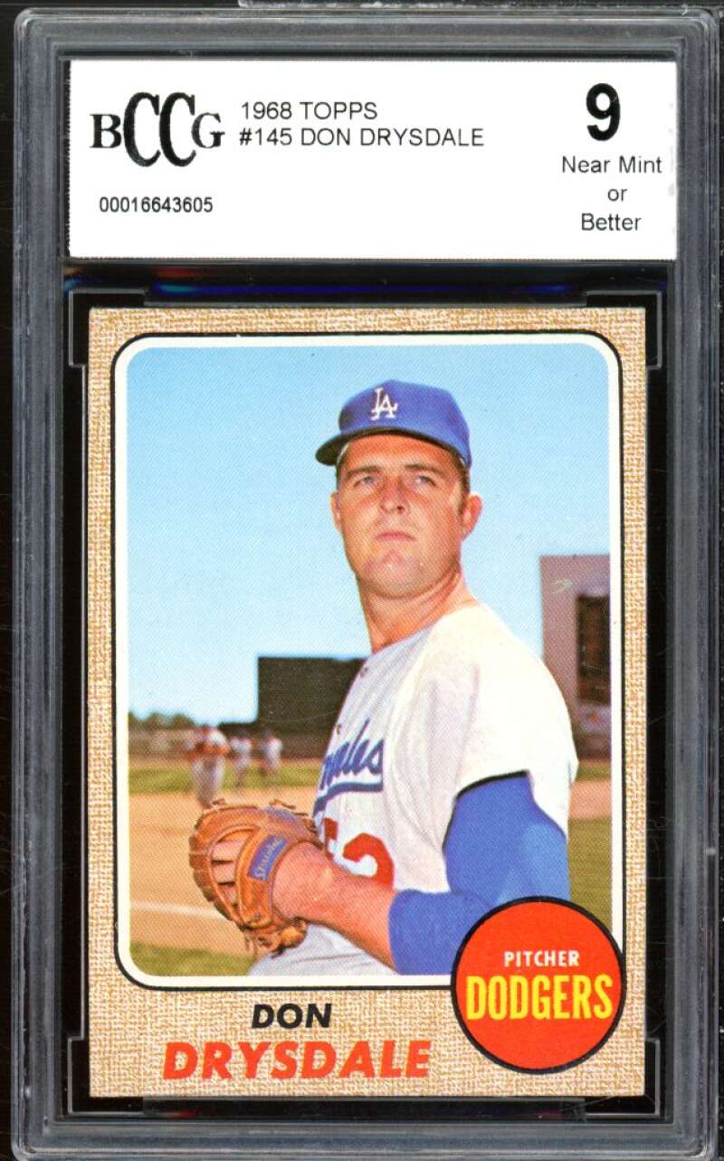 1968 Topps #145 Don Drysdale Card BGS BCCG 9 Near Mint+ Image 1
