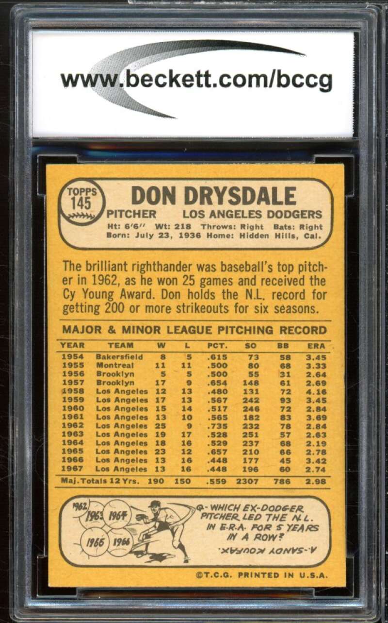 1968 Topps #145 Don Drysdale Card BGS BCCG 9 Near Mint+ Image 2