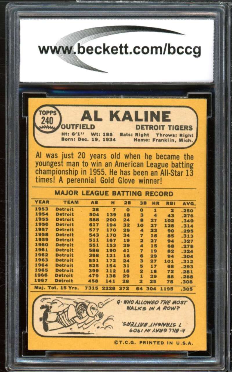 1968 Topps #240 Al Kaline Card BGS BCCG 8 Excellent+ Image 2