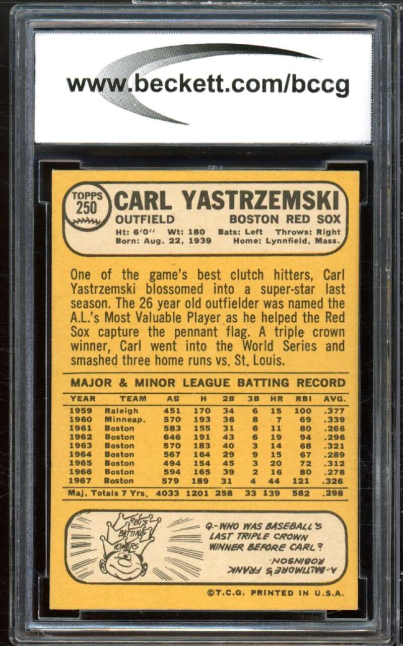 1968 Topps #250 Carl Yastrzemski Card BGS BCCG 9 Near Mint+ Image 2