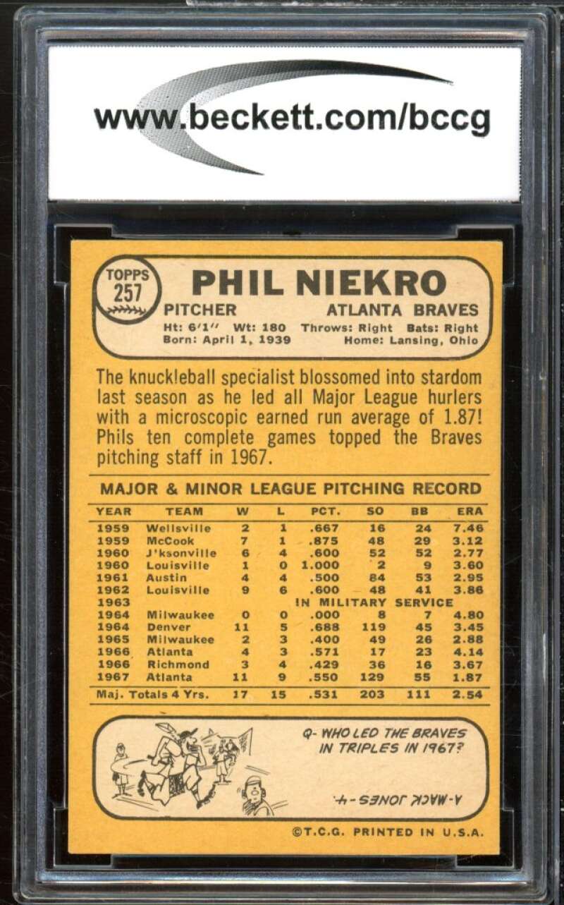 1968 Topps #257 Phil Niekro Card BGS BCCG 8 Excellent+ Image 2