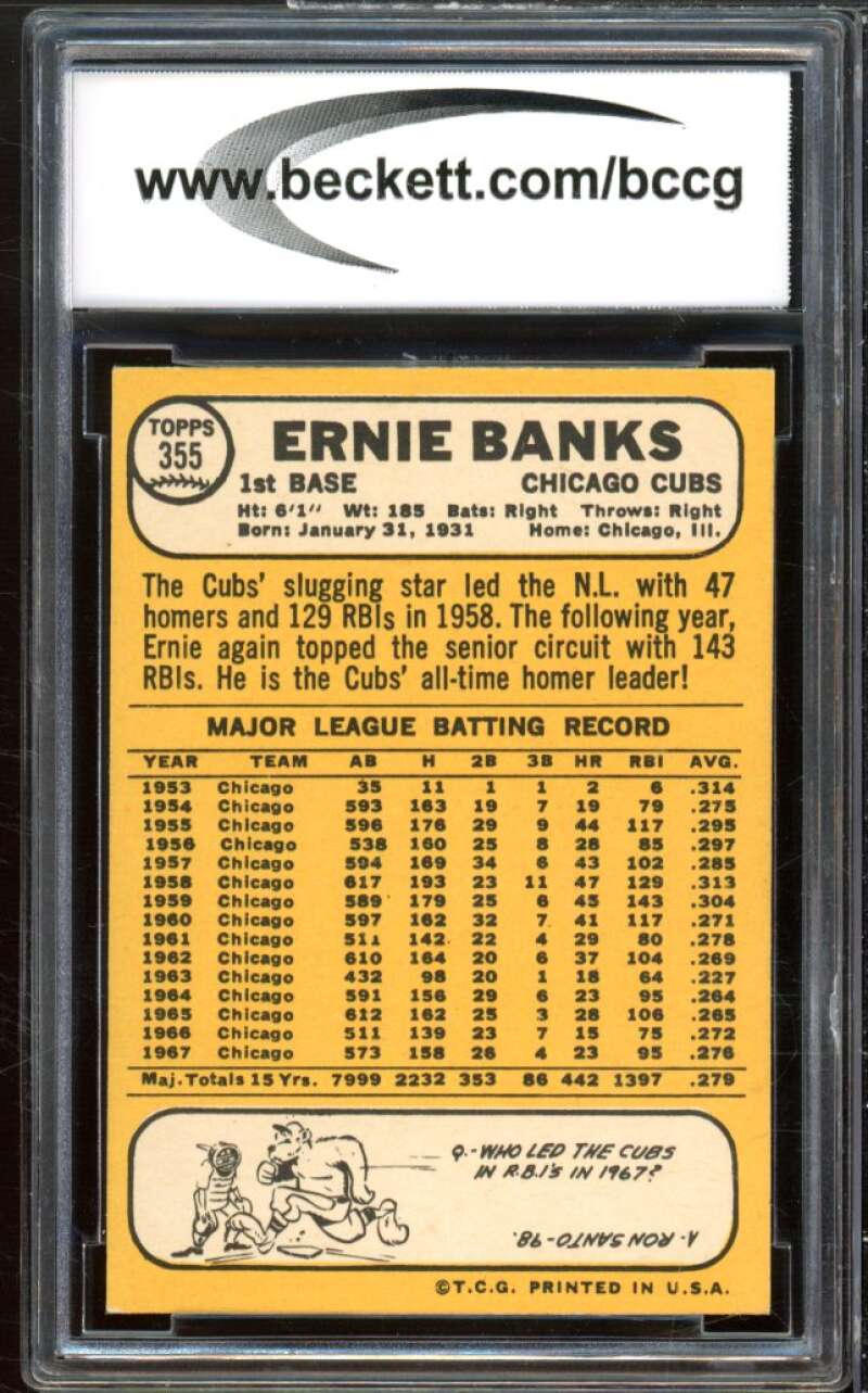 1968 Topps #355 Ernie Banks Card BGS BCCG 9 Near Mint+ Image 2