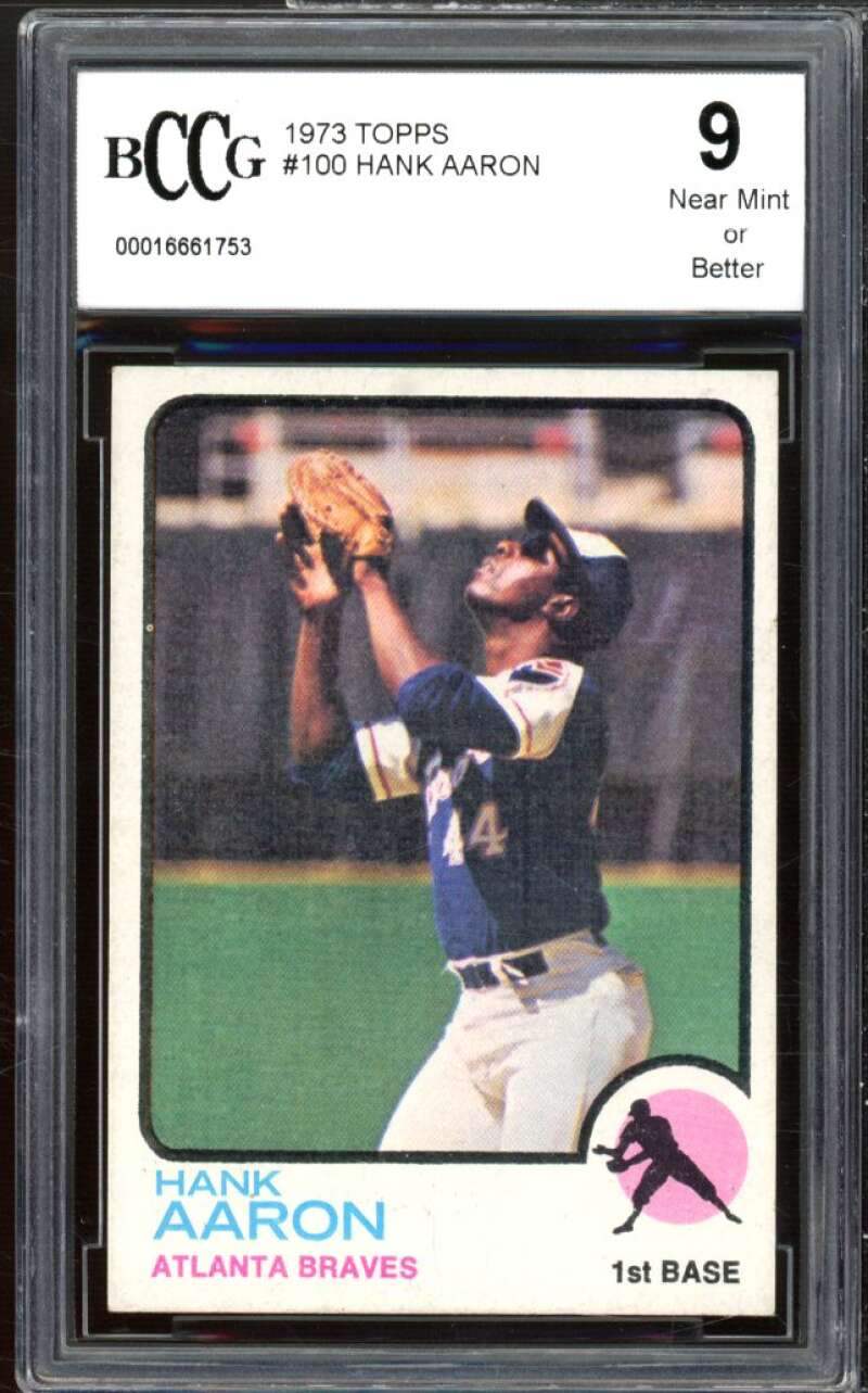 1973 Topps #100 Hank Aaron Card BGS BCCG 9 Near Mint+ Image 1