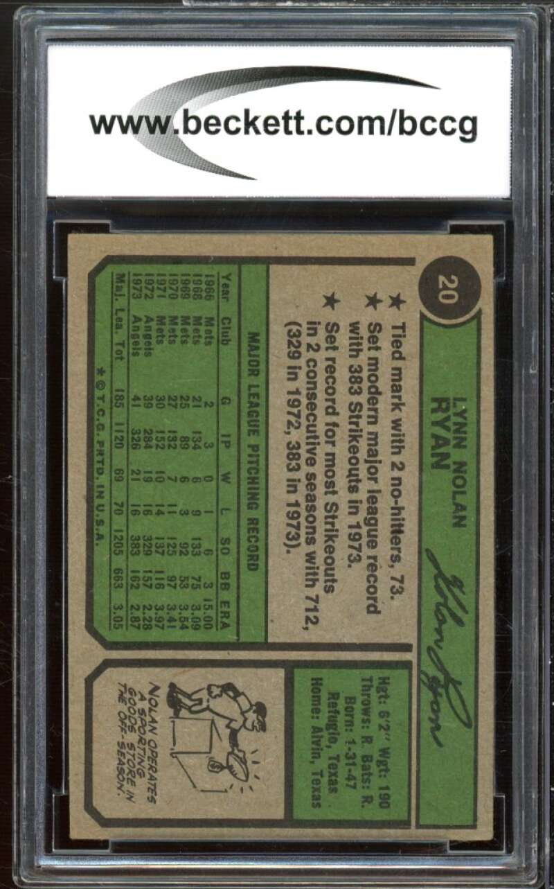 1974 Topps #20 Nolan Ryan Card bgs bccg 7 Very Good+ Image 2