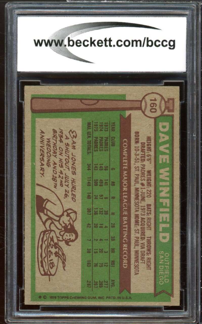 1976 Topps #160 Dave Winfield Card BGS BCCG 8 Excellent+ Image 2