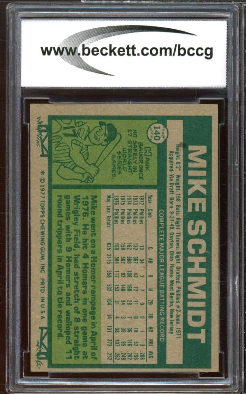 1977 Topps #140 Mike Schmidt Card BGS BCCG 9 Near Mint+ Image 2