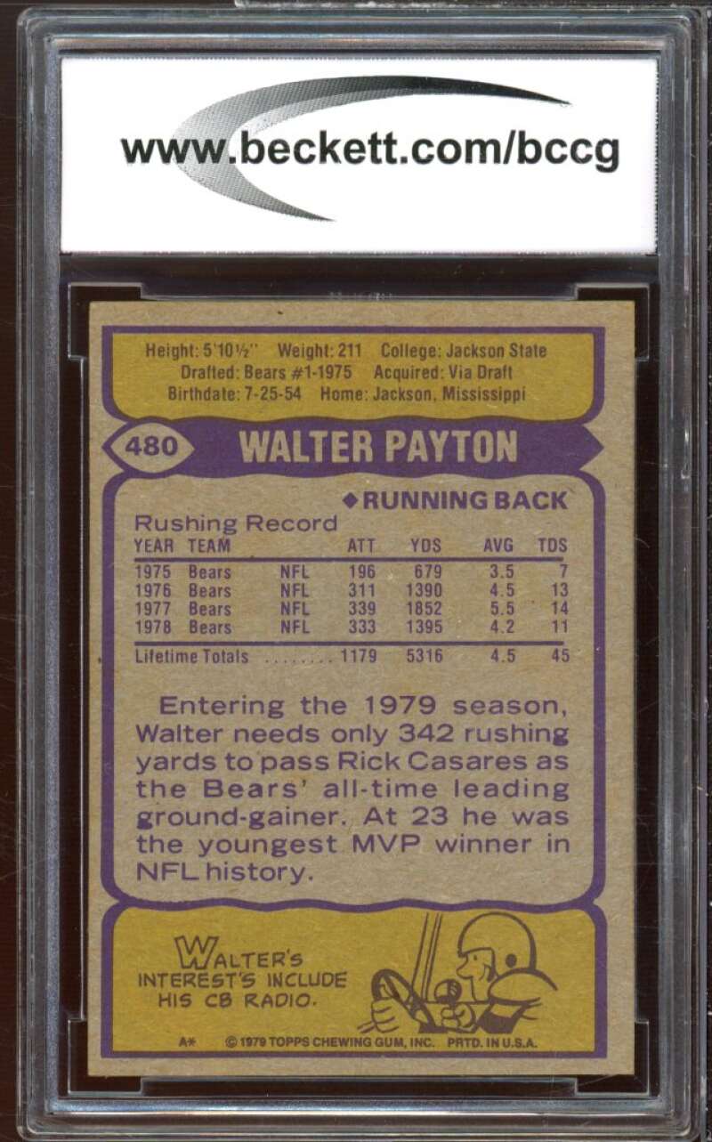 1979 Topps #480 Walter Payton Card BGS BCCG 8 Excellent+ Image 2