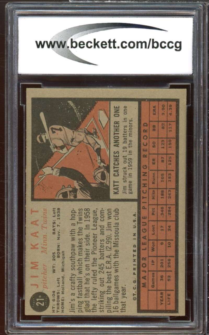 1962 Topps #21 Jim Kaat Card BGS BCCG 8 Excellent+ Image 2