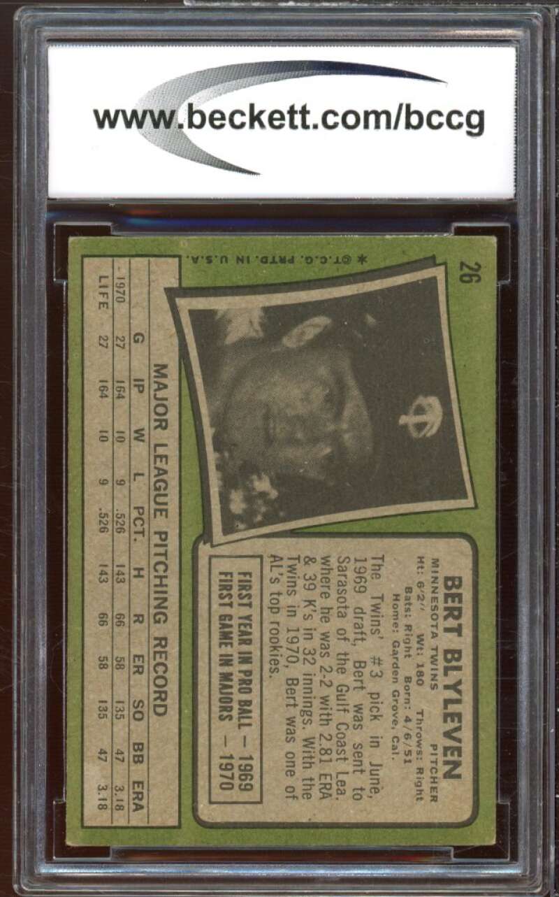 1971 Topps #26 Bert Blyleven Rookie Card BGS BCCG 7 Very Good+ Image 2