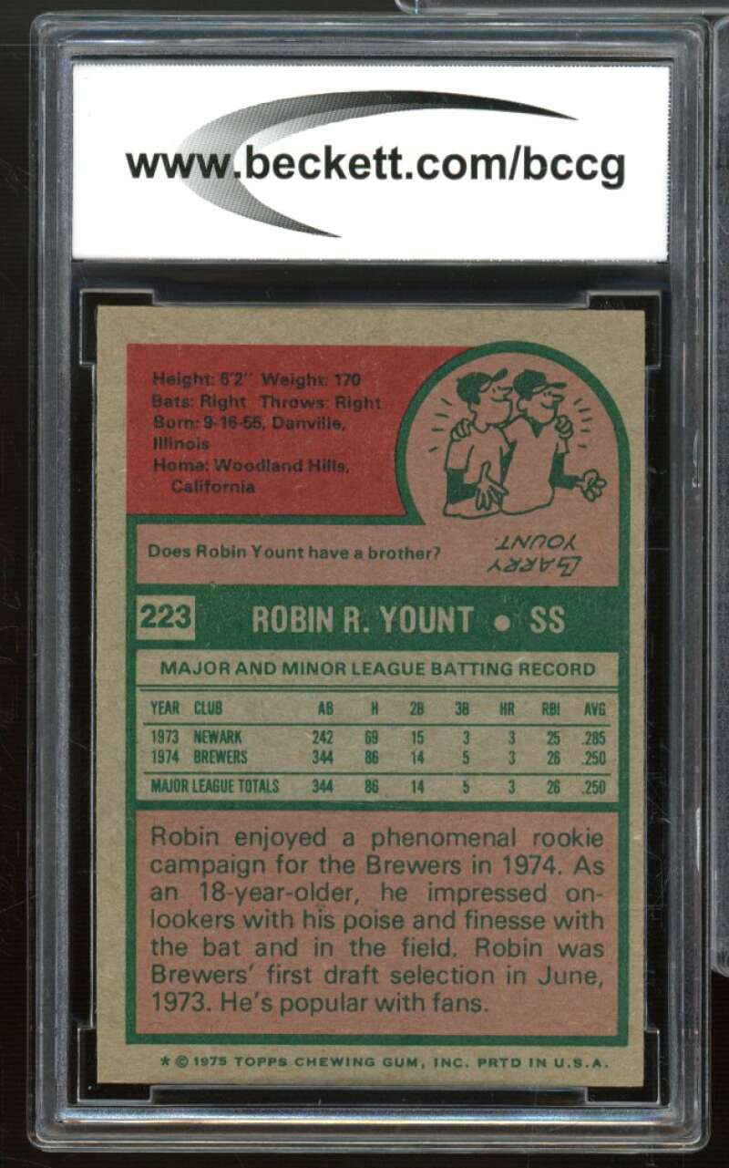 1975 Topps #223 Robin Yount Rookie Card BGS BCCG 9 Near Mint+ Image 2