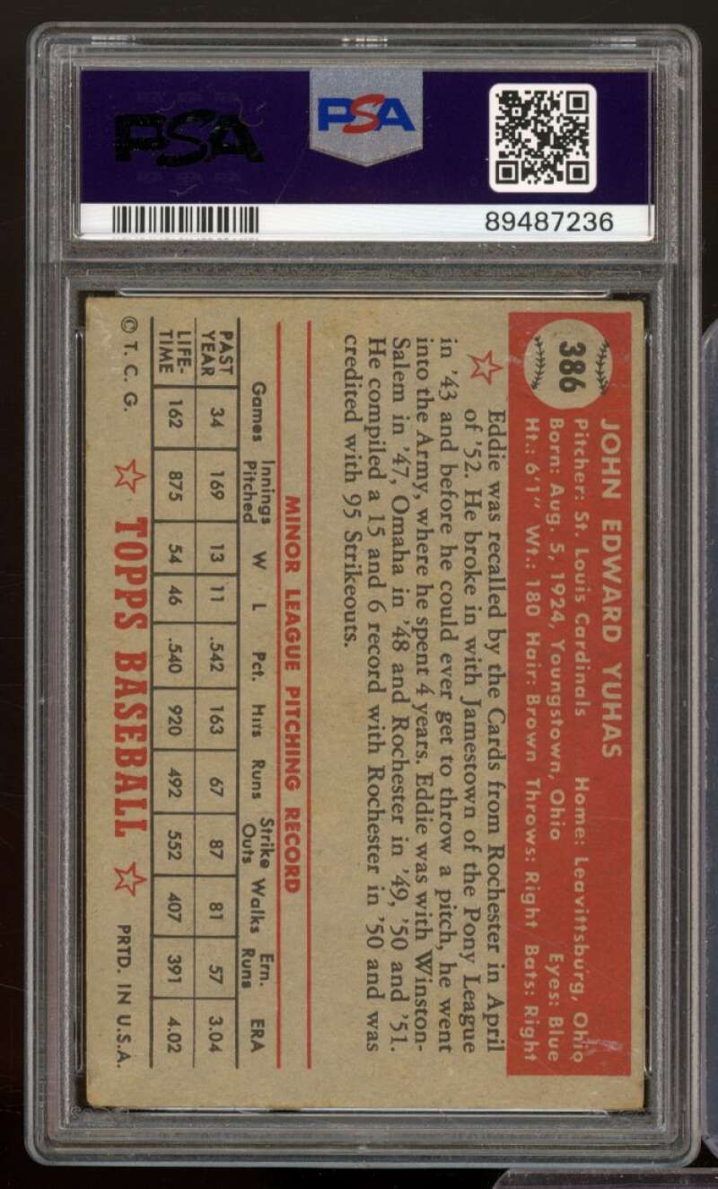 Eddie Yuhas Rookie Card 1952 Topps #386 PSA 3 Image 2