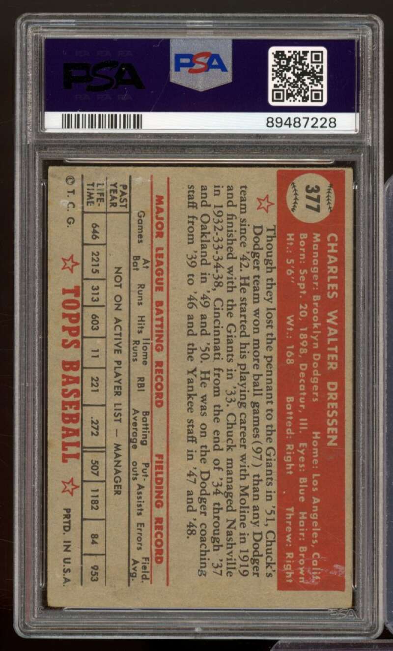 Chuck Dressen Card 1952 Topps #377 PSA 1 Image 2