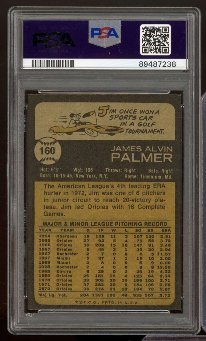 Jim Palmer Card 1973 Topps #160 PSA 9 Image 2