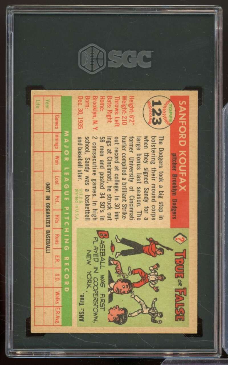 Sandy Koufax Rookie Card 1955 Topps #123 SGC 6 Image 2