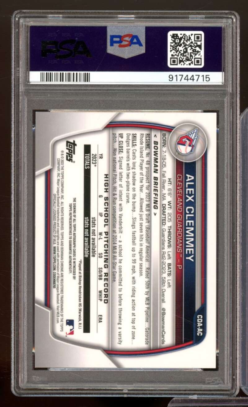 Alex Clemmey Rookie 2023 Bowman Draft Chrome Prospect Autograph #CDAAC PSA 9 Image 2