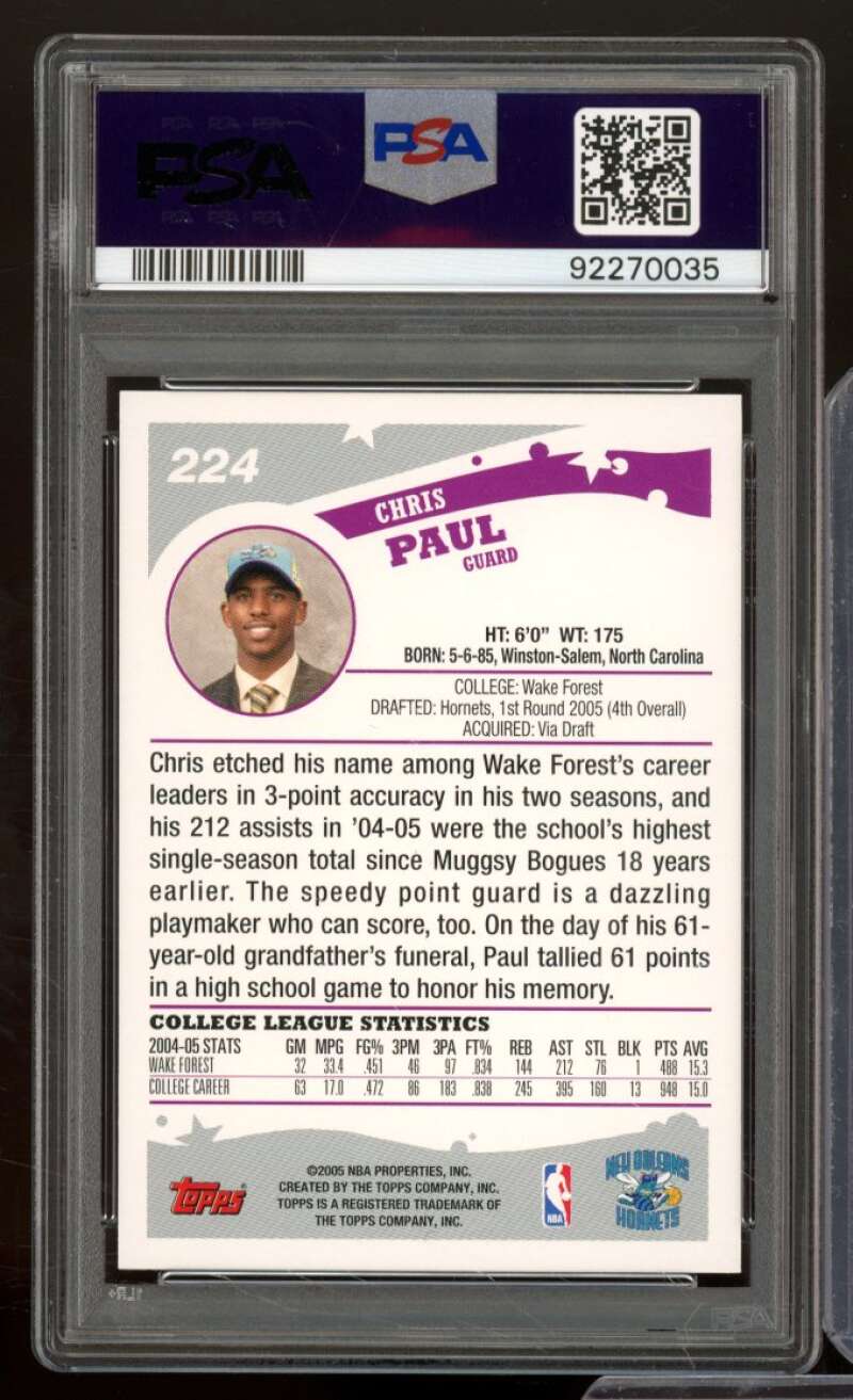 Chris Paul Rookie Card 2005-06 Topps #224 PSA 10 Image 2