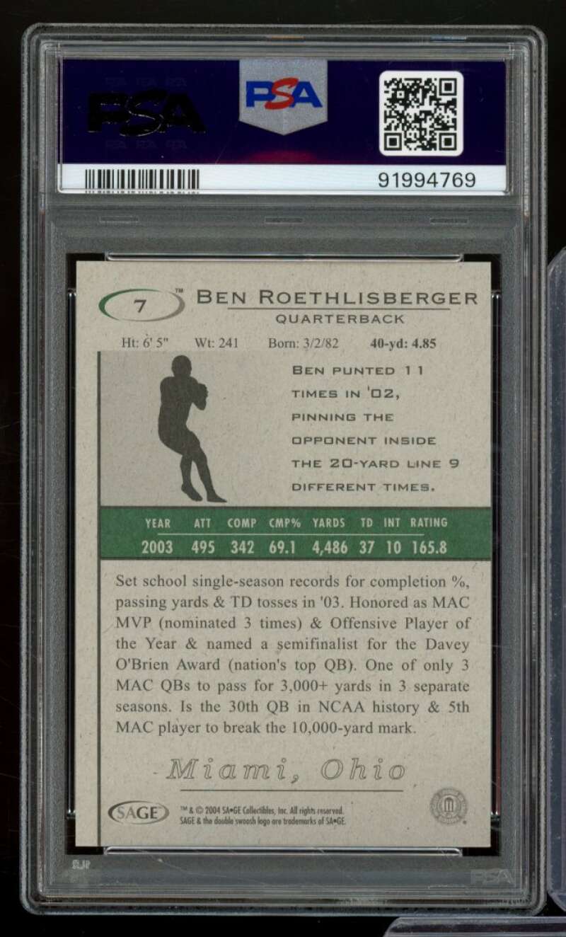 Ben Roethlisberger Card 2004 Sa-Ge Hit #7 PSA 10 Image 2