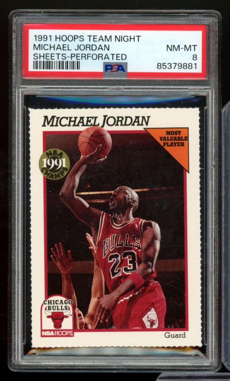 Michael Jordan Card 1991-92 Hoops Team Night Sheets-Perforated PSA 8 Image 1