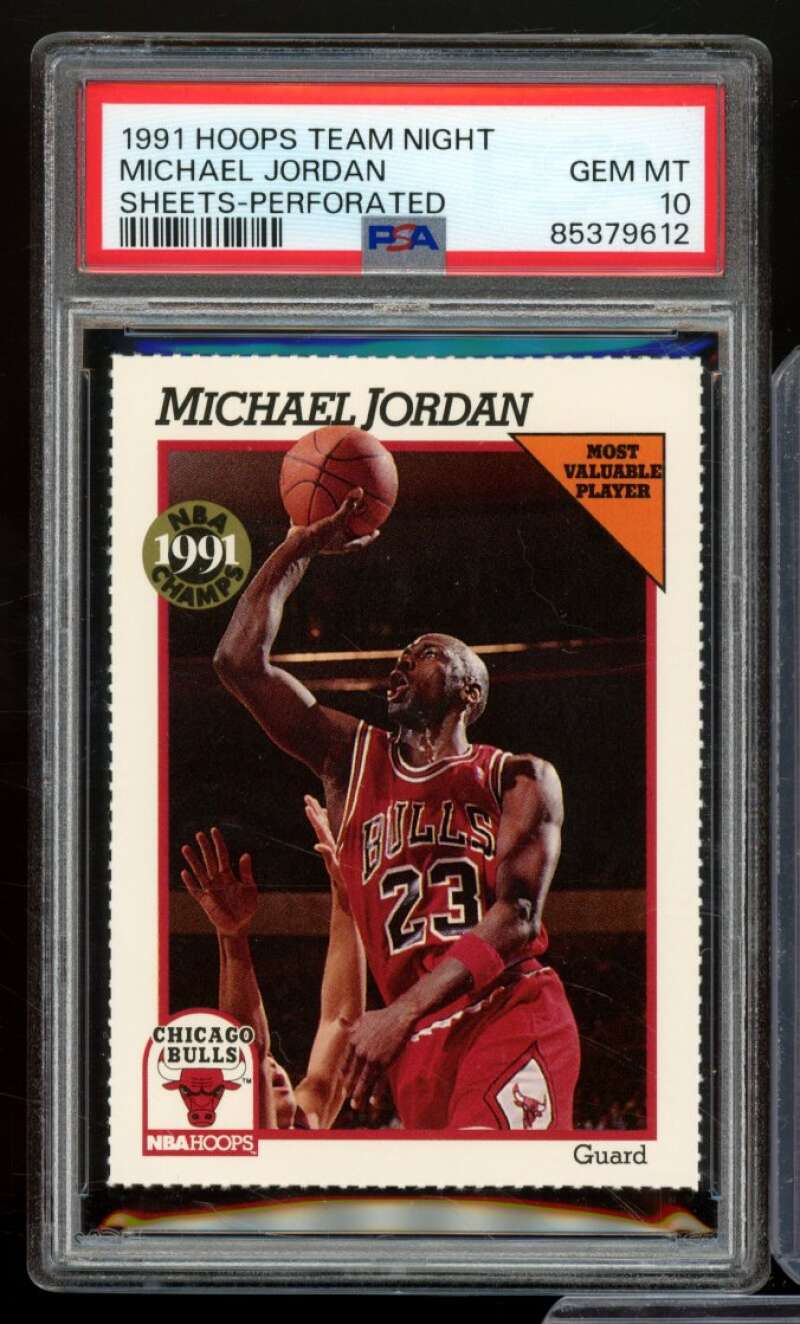 Michael Jordan Card 1991-92 Hoops Team Night Sheets-Perforated PSA 10 Image 1