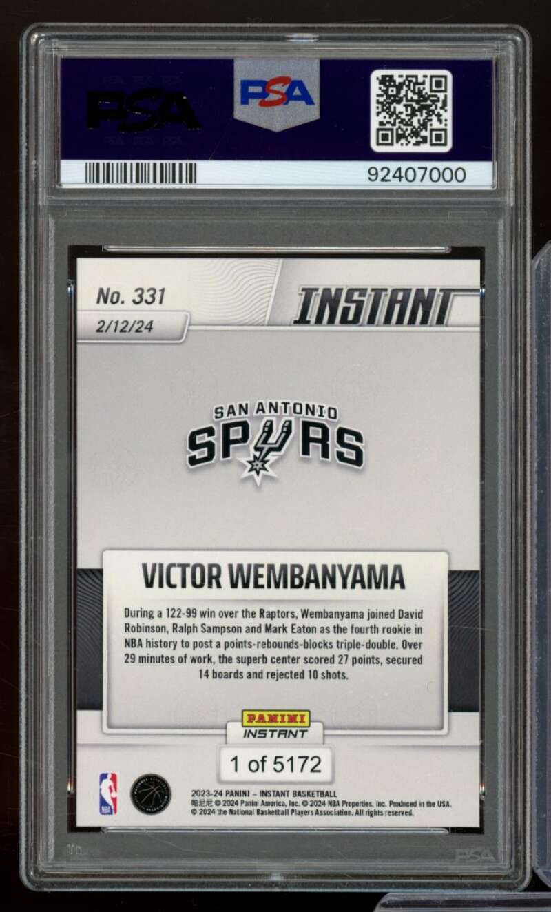 Victor Wembanyama Rookie Card 2023-24 Panini Instant #331 PSA 10 Image 2