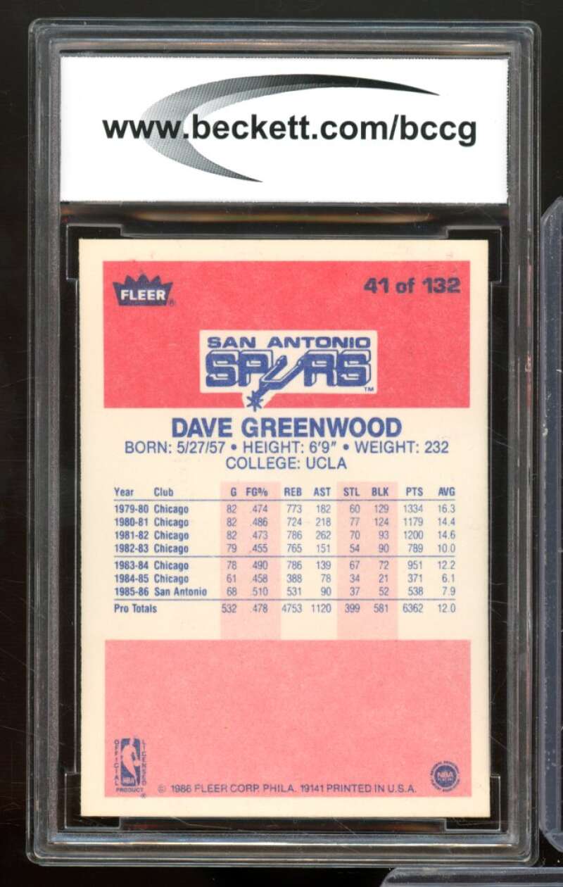 1986-87 Fleer #41 Dave Greenwood Card BGS BCCG 9 Near Mint+ Image 2