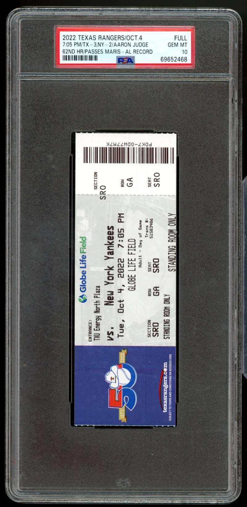 Aaron Judge 62nd HR Passes Roger Maris Full Ticket 2022 Oct 14 #nno PSA 10 Image 1