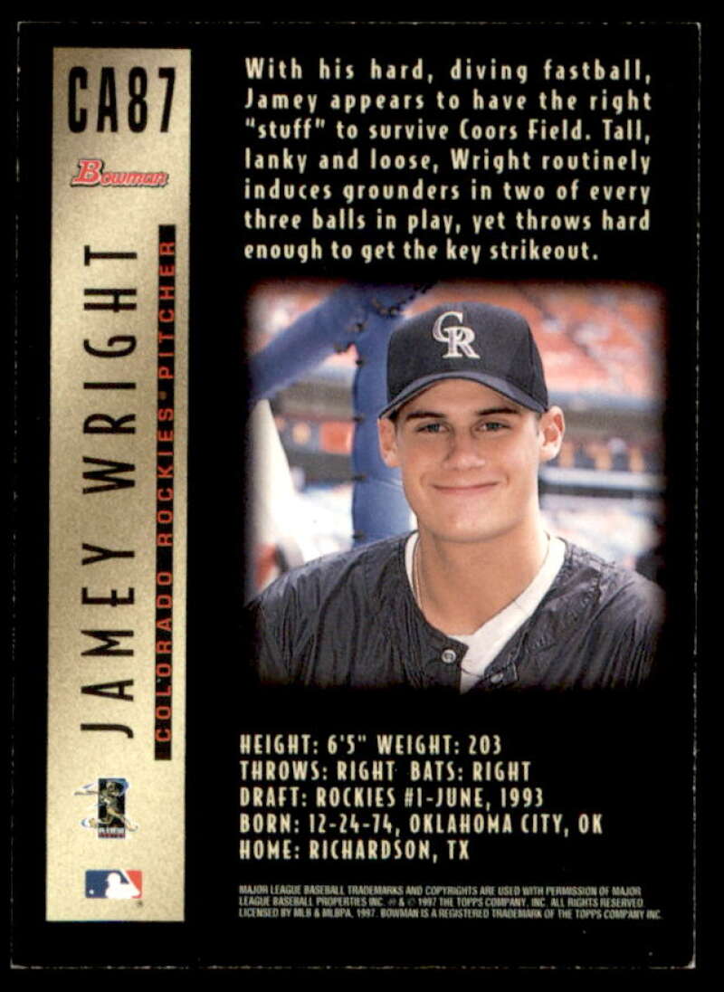 Jamey Wright Rookie Card 1997 Bowman Certified Black Ink Autographs #CA87  Image 2