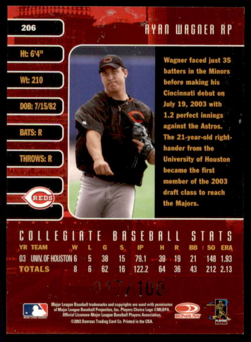 Ryan Wagner Rookie Card 2003 Studio Private Signings #206  Image 2