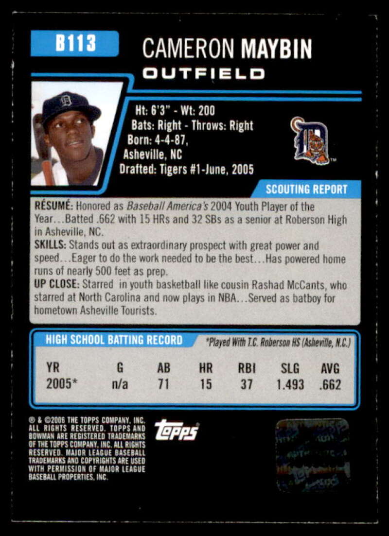 Cameron Maybin AU Rookie Card 2006 Bowman Prospects #B113  Image 2
