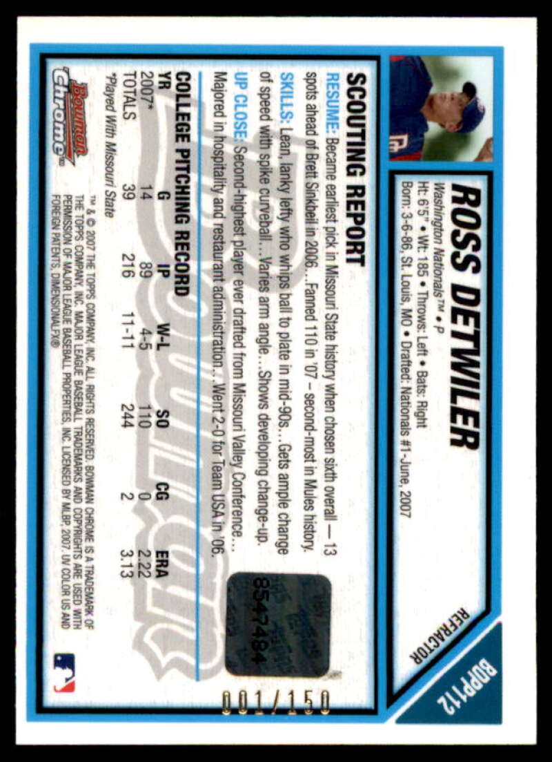 Ross Detwiler AU 2007 Bowman Chrome Draft Draft Picks Blue Refractors #BDPP112  Image 2