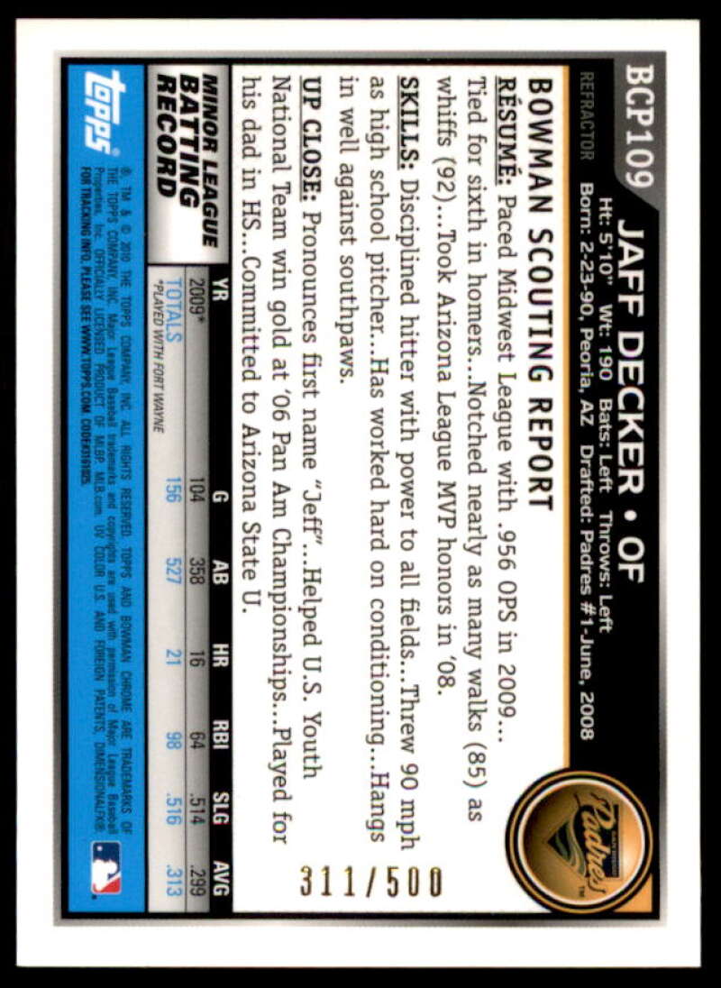 Jaff Decker AU Rookie Card 2010 Bowman Chrome Prospects Refractors #BCP109B  Image 2