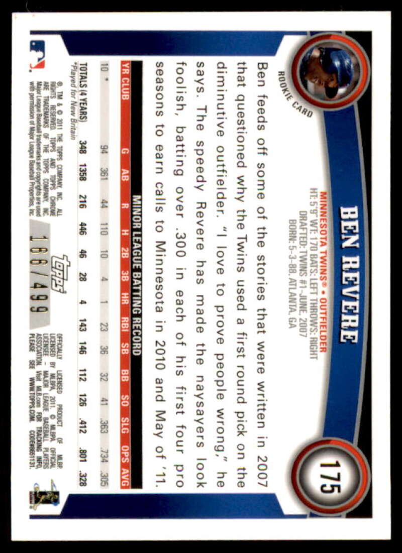 Ben Revere Rookie Card 2011 Topps Chrome Rookie Autographs Refractors #175  Image 2