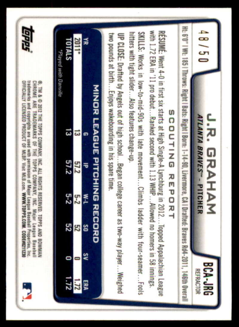 J.R. Graham RC 2012 Bowman Chrome Prospect Autographs Blue Wave Refractors #JRG  Image 2