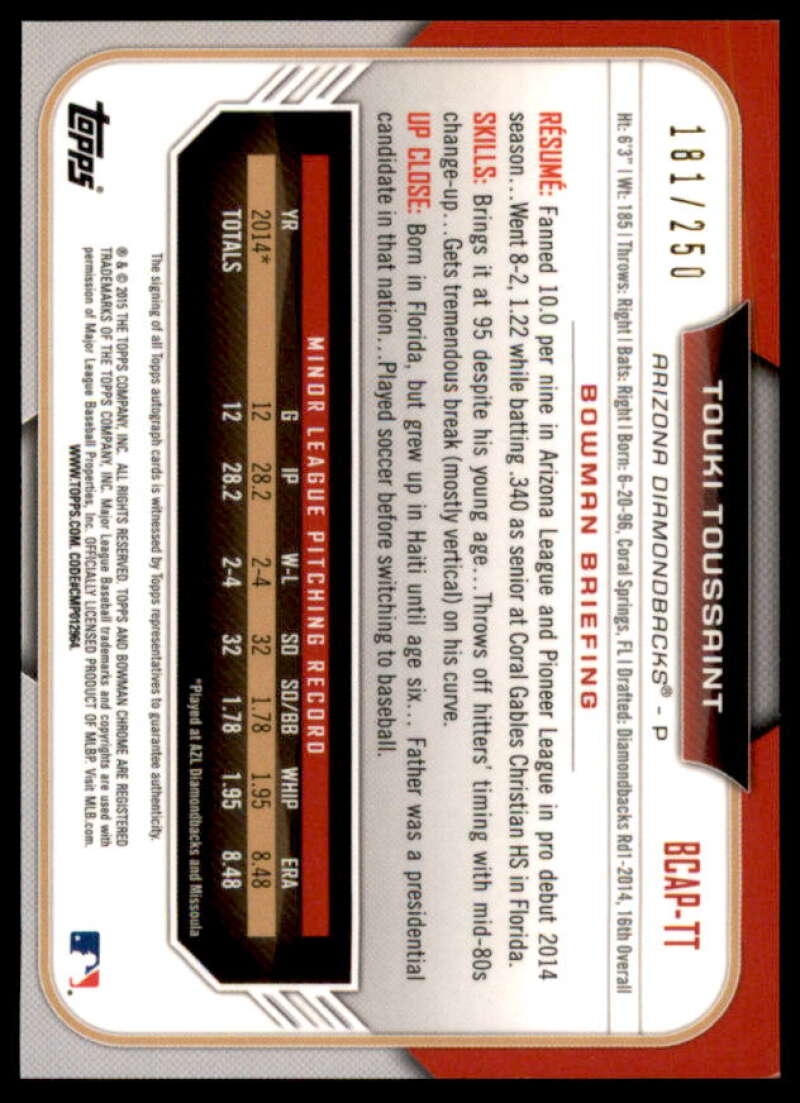 Touki Toussaint 2015 Bowman Chrome Prospect Autographs Purple Refractors #BCAPTT  Image 2