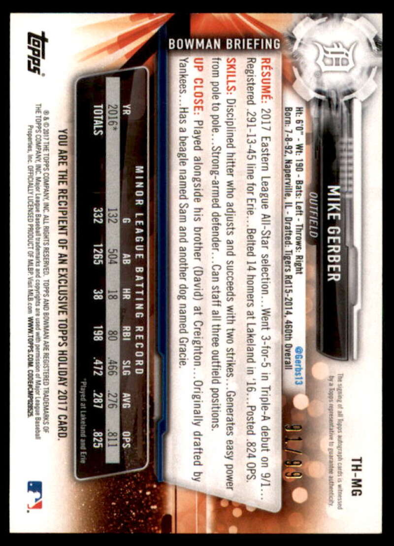 Mike Gerber Rookie Card 2017 Bowman Topps Holiday Autographs #THMG  Image 2