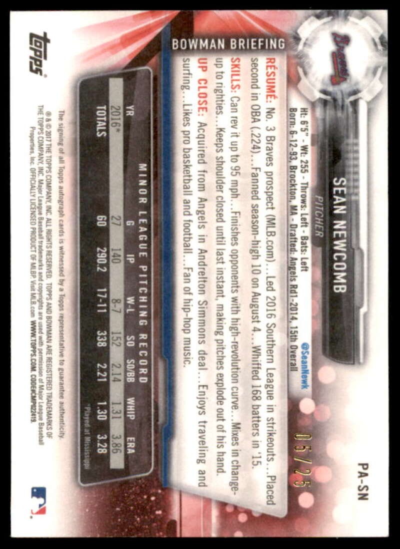 Sean Newcomb Rookie Card 2017 Bowman Prospect Autographs Orange #PASN  Image 2