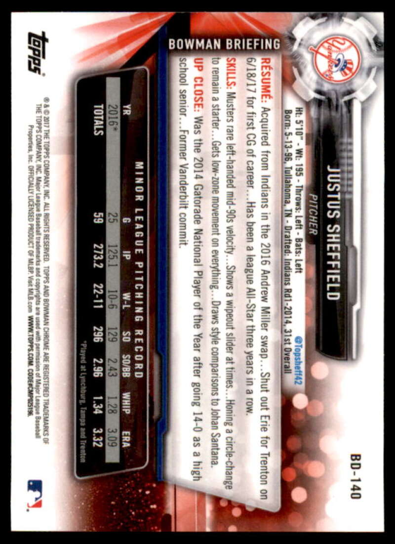 Justus Sheffield Card 2017 Bowman Chrome Draft Facsimile Variations #BD140  Image 2