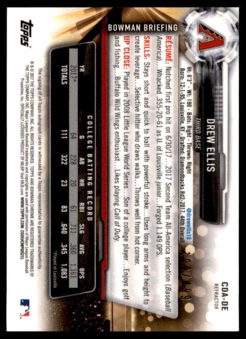 Drew Ellis Rookie Card 2017 Bowman Chrome Draft Autographs Refractors #CDADE  Image 2