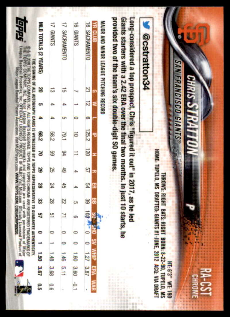 Chris Stratton Rookie Card 2018 Topps Chrome Rookie Autographs #RACST  Image 2