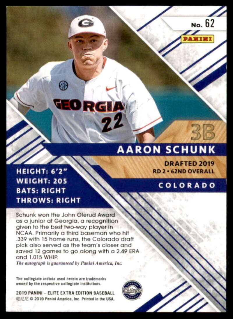 Aaron Schunk Rookie Card 2019 Elite Extra Edition Autographs Emerald #62  Image 2
